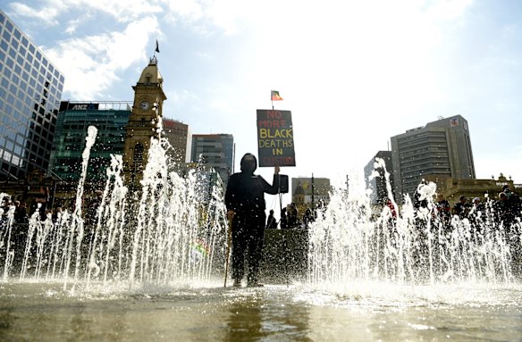 Protesters march in solidarity with protests in the United States on June 06, 2020 in Adelaide, Australia.