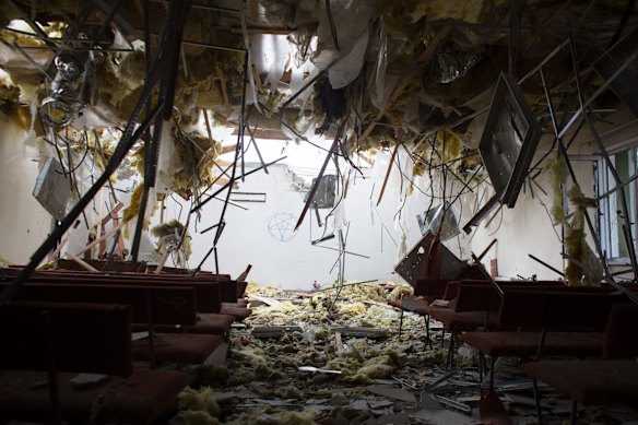 The roof of a Jehovah's Witnesses church collapsed during Russian shelling in Horenka.
