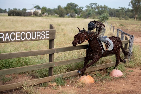 Sculpture of a jockey and a horse made of barbed wire at the Tambo racecourse in Tambo, Queensland.