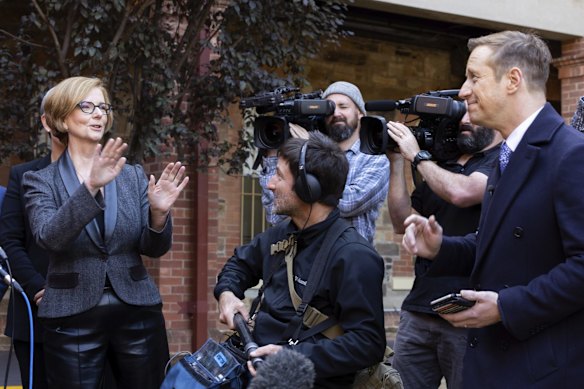 Shadow Minister for Foreign Affairs Penny Wong and former Prime Minister Julia Gillard listening to question from Sky News journalist Jonathan Lea at a doorstop interview during a visit to Cabra Dominican College in Adelaide, SA.
