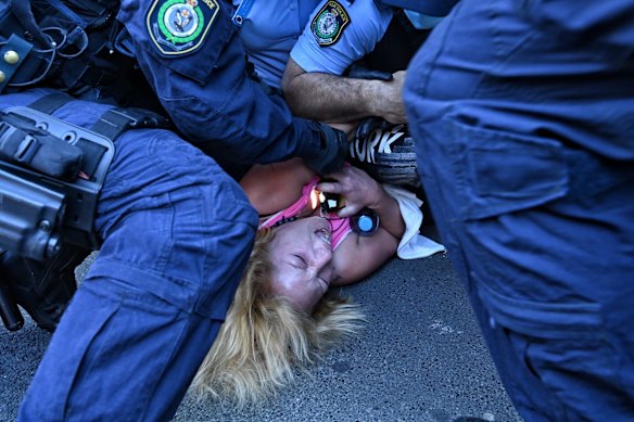 Anti-Lockdown protester arrested on Broadway in Sydney.