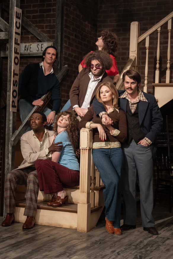 The cast of the film Saturday Night: (clockwise from top left) Cory Michael Smith as Chevy Chase, Ella Hunt as Gilda Radner, Matt Wood as John Belushi, Dylan O’Brien as Dan Aykroyd, Kim Matula as Jane Curtin, Emily Fairn as Laraine Newman and Lamorne Morris as Garrett Morris. 