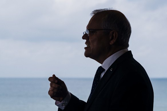 Morrison talks to his audience in Terrigal during a tour of the central coast.