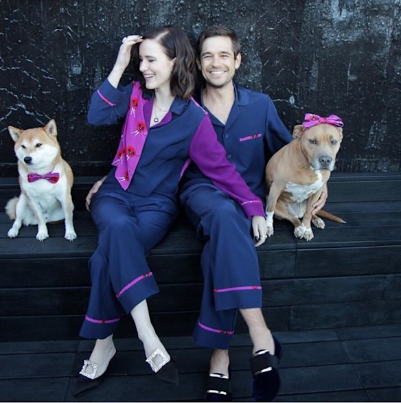 Rachel Brosnahan and Jason Ralph wearing Christy Rilling Atelier.