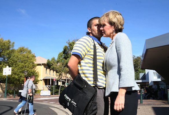 Julie Bishop meets local Nathan Stanley during her visit to the electorate of Macarthur, walking the Queen street shops in Campbelltown on 12th May 2016.