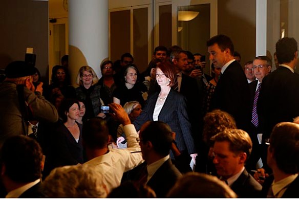 Prime Minister Julia Gillard with Deputy Prime Minister Wayne Swan during her first press conference as PM elect on Thursday 24 June 2010 Parliament House Canberra after she deposed Kevin Rudd.
