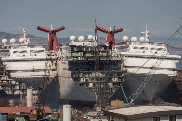 Five cruise ships are seen being broken down for scrap metal at the Aliaga ship recycling port in Izmir, Turkey. With the global coronavirus pandemic pushing the multi-billion dollar cruise industry into crisis, some cruise operators have been forced to cut losses and retire ships earlier than planned. The crisis however has bolstered the years intake of ships at the Aliaga ship recycling port with business up thirty percent on the previous year.  