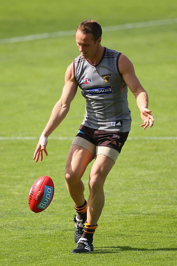 Brad Sewell of the Hawks kicks during a Hawthorn Hawks AFL training session at Waverley Park.