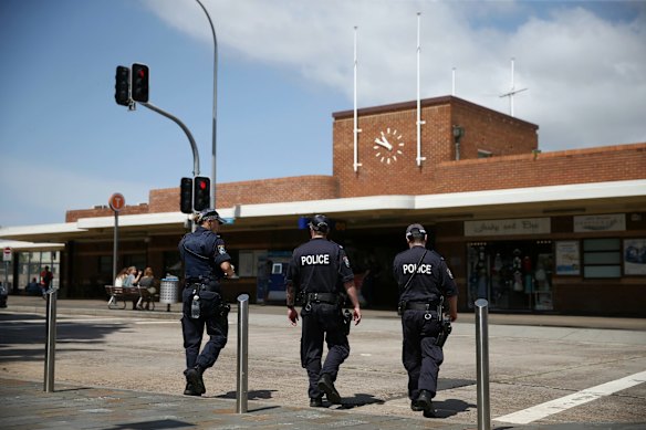 Police patrolling at Cronulla train station.