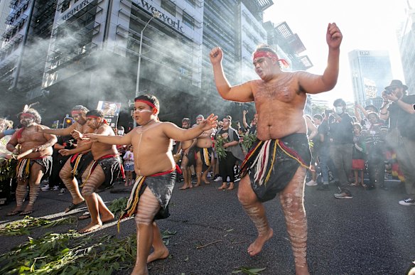 Indigenous dancers perform in the middle of the city in Brisbane, Australia. Events across Australia have been organised in solidarity with protests in the United States following the killing of an unarmed black man George Floyd at the hands of a police officer in Minneapolis, Minnesota and to rally against aboriginal deaths in custody in Australia. 