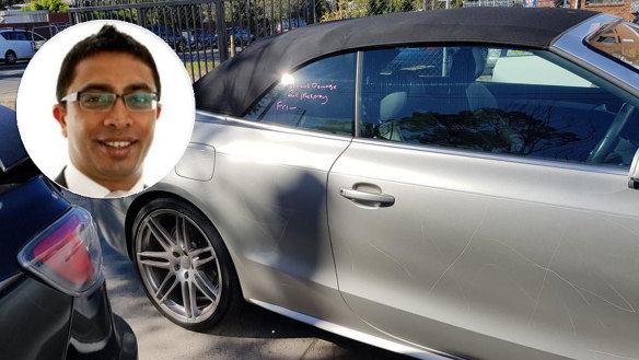 Siddhartha Maharaj, who is being investigated for stalking a junior colleague, and the damaged Audi he was arrested in connection with.