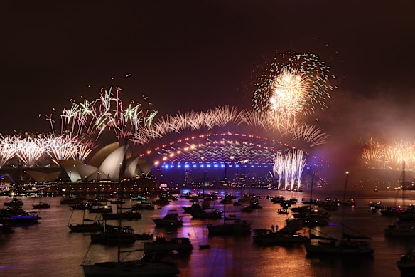 The New Years Eve Fireworks in Sydney Harbour as seen from Mrs Macquaries Point in Sydney at midnight, Jan 1, 2021. Bring on the New Year!