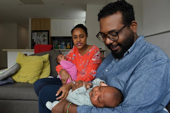 Lobaba Idris and Karim Badri with their twins, Lalya and Zayn.