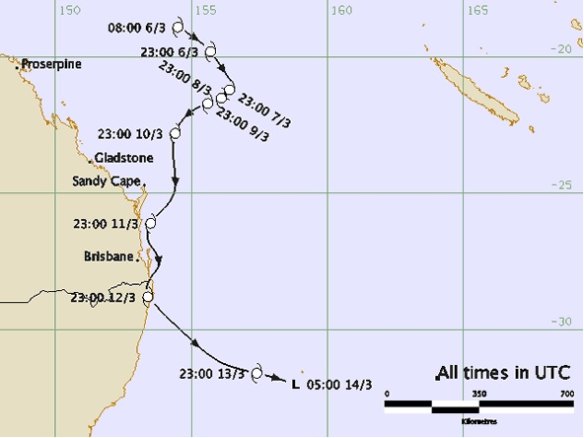 The path of Cyclone Zoe which crossed the coast at Coolangatta and Tweed Heads. 