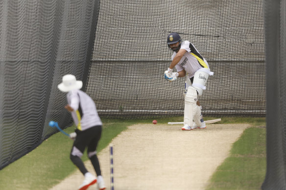 Indian skipper Rohit Sharma, pictured here in the MCG nets on Saturday, had to adjust to a practice pitch more akin to that used for white-ball cricket. 