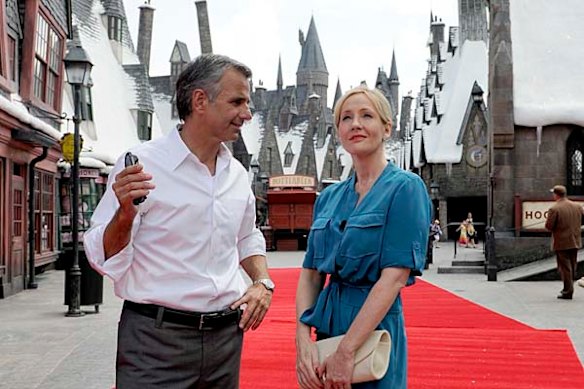 J.K. Rowling, author of the widely successful "Harry Potter" book series, visits The Wizarding World of Harry Potter escorted by Mark Woodbury, president of Universal Creative.