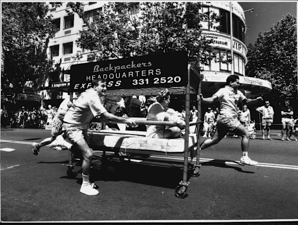 Bed race through the streets of Kings Cross in 1989.  