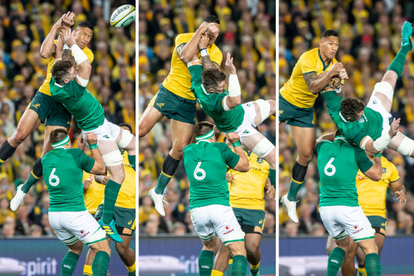 Yellow card: Israel Folau contests a high-ball, and was given a yellow card for putting the Ireland player in a dangerous position.