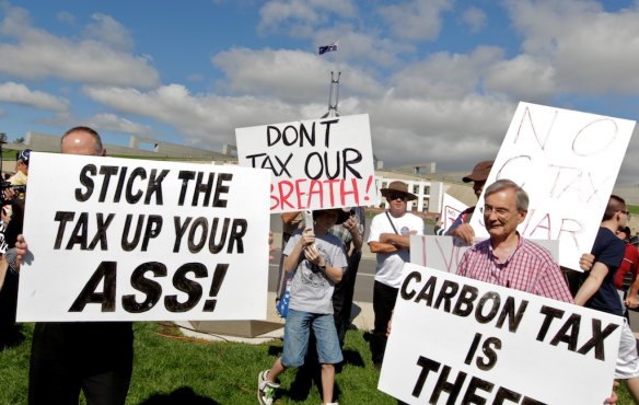 Carbon tax protesters outside Parliament House in 2011.