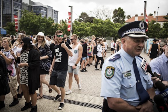 Superintendent David Eardley delivers a press conference as event-goers gather in Sydney Olympic Park to attend various events such as Stereosonic, Taylor Swift, Aus X Open and the Australian Swimming Championships.