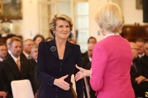 Julie Bishop is sworn in as Foreign Minister by Governor-General Quentin Bryce at Government House in Canberra