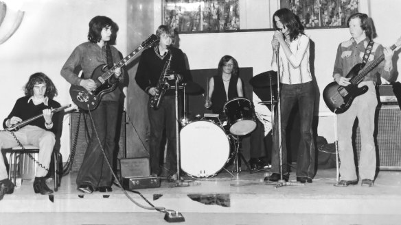 The school band at Caulfield Grammar, 1973. From left, Mick Harvey, John Cocivera, Chris Coyne, Phill Calvert, Nick Cave and Brett Purcell. Photographer unknown.