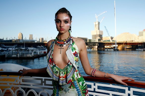 A model poses at the Camilla show at Mercedes-Benz Fashion Week Resort 17 Collections on The Seadeck boat on May 19, 2016 in Sydney, Australia.