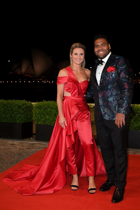 Brisbane Broncos player Sam Thaiday and wife Rachel arrive at the Dally M Awards.