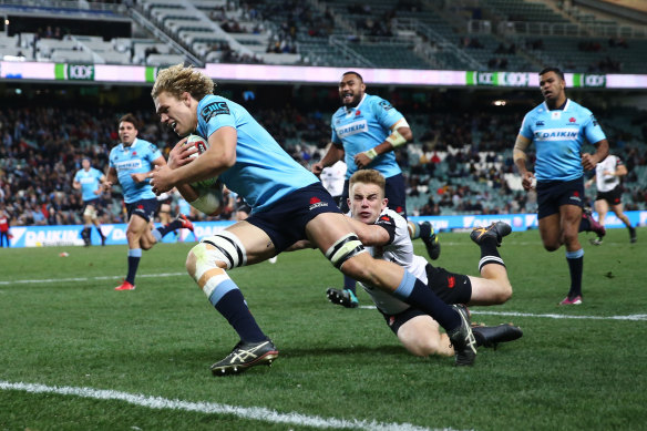 Finals-bound: Nad Hanigan crosses in the Waratahs' record win over the Sunwolves.