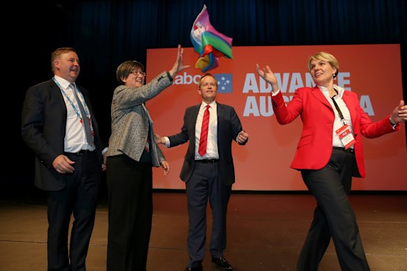 Shadow Infrastructure and Transport Minister Anthony Albanese, Senator Penny Wong, Opposition Leader Bill Shorten and Deputy Opposition Leader Tanya Plibersek after speaking on Amendment 317A on same-sex marriage.