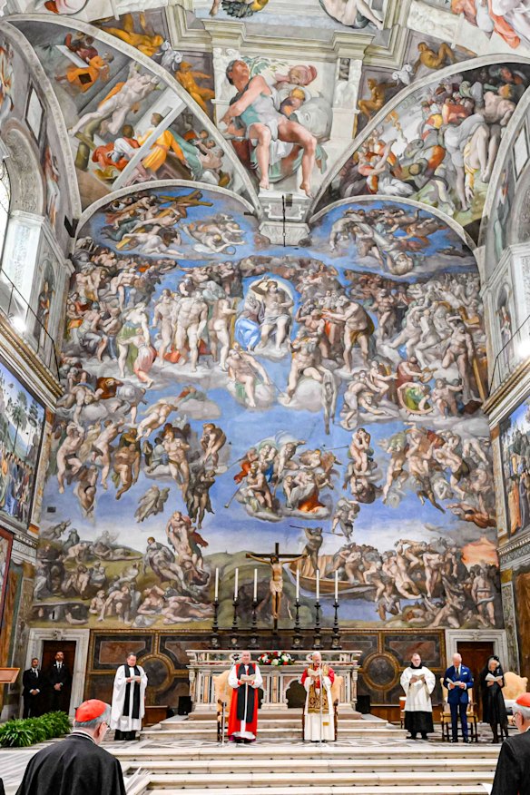 King Charles III, second from right, and Queen Camilla, right, attend a joint prayer with Pope Leo XIV in the Sistine Chapel at the Vatican.