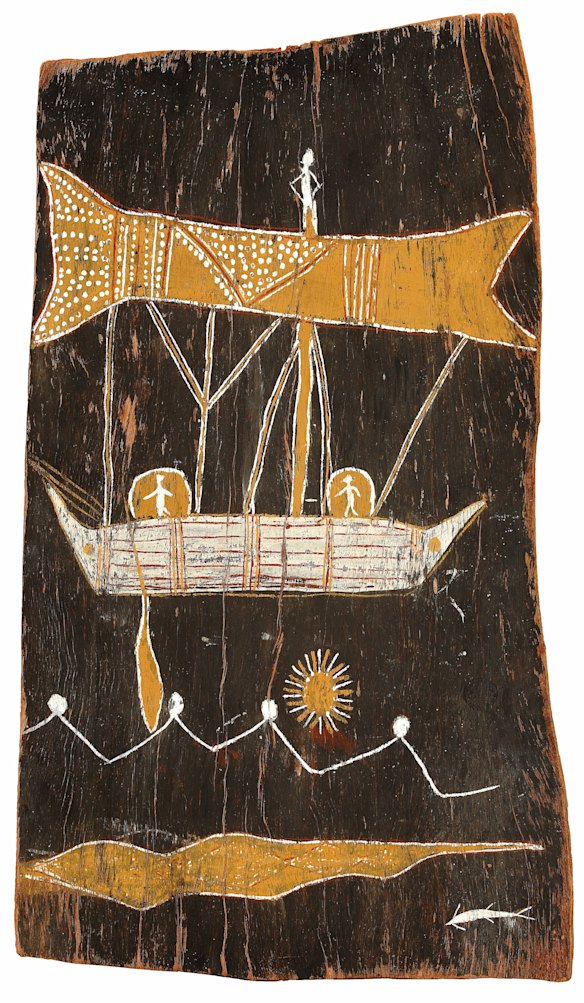 Minimini Numalkiyiya Mamarika (Anindilyakwa, c. 1900–1972) Macassan prau with three figures, waves and sea creatures, c. 1941–45.