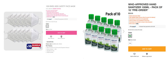 “WHO-approved hand sanitiser” and kids’ safety masks offered for sale.