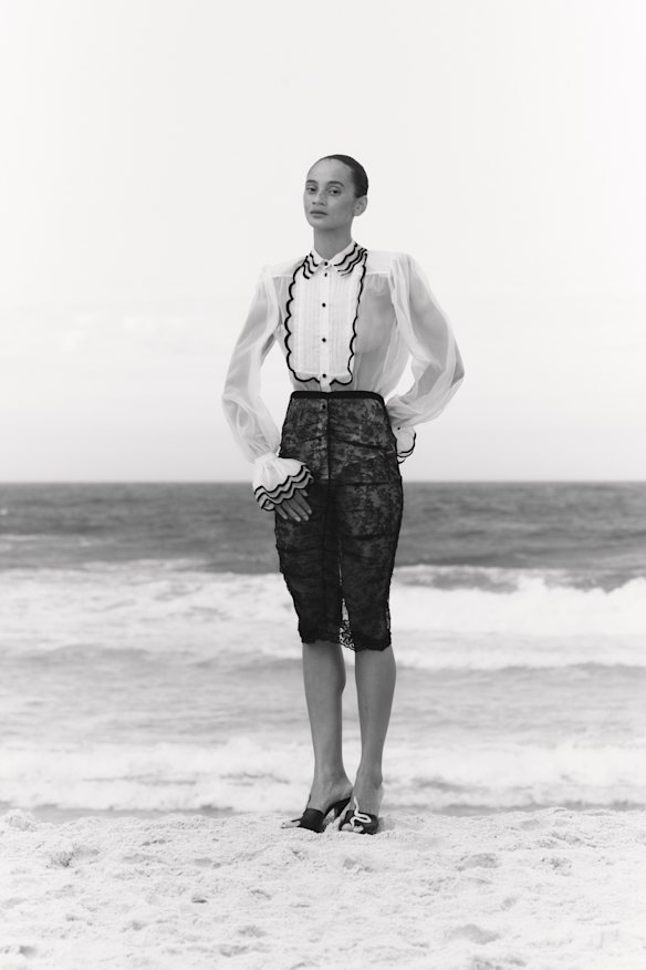 Valentino by Alessandro Michele shirt and skirt. Valentino “Coeur Vipère” sandals.