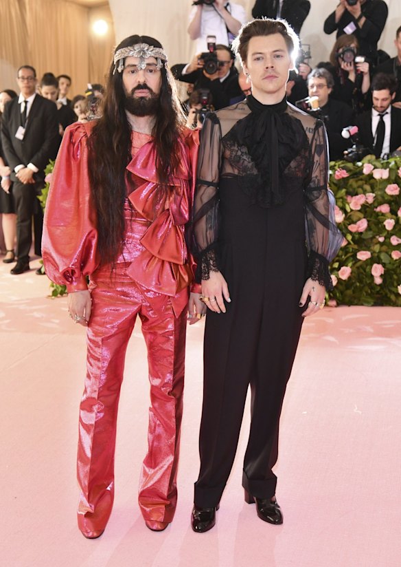 Gucci creative designer Alessandro Michele, left, and Harry Styles attend The Metropolitan Museum of Art's Costume Institute benefit gala celebrating the opening of the "Camp: Notes on Fashion" exhibition.