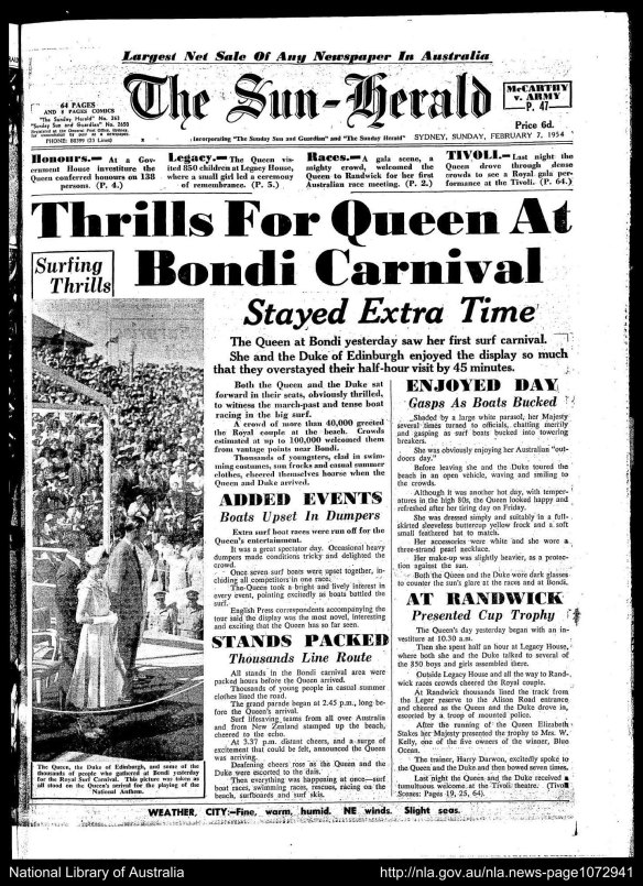 The Sun-Herald front page for February 7, 1954 page 1, during Queen Elizabeth II’s visit to Sydney.