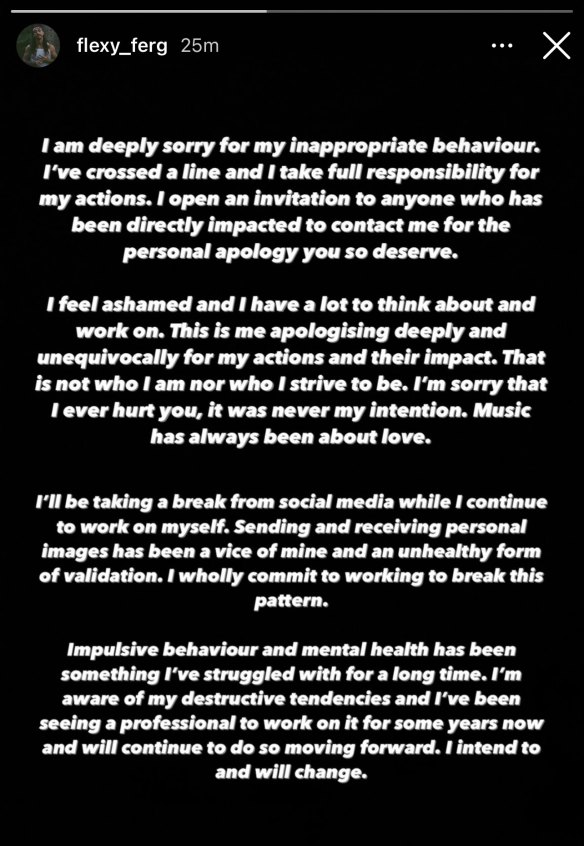 DJ Flexy Ferg apologises for “inappropriate behaviour” on Instagram.
