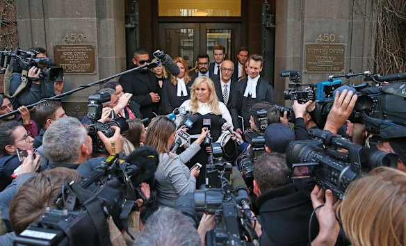 Rebel Wilson speaks to the media outside the Victorian Supreme Court on Thursday.