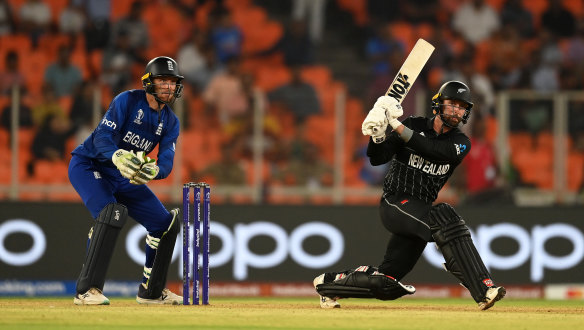 Devon Conway of New Zealand plays a shot during the World Cup opener.