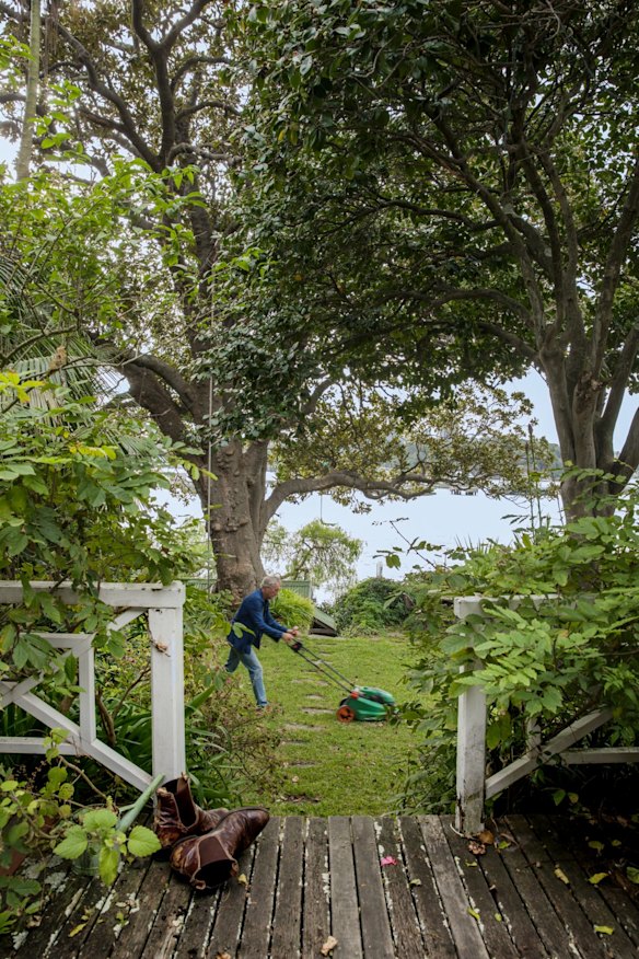 Looking from the back verandah to the 150-year-old magnolia tree, the magical water views – and Bryan mowing the lawn.