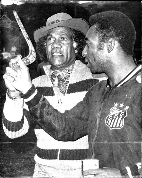 Pele the world's greatest Soccer player, had some lessons yesterday in boomerang throwing.
Pele was training with his Santos team-mates for today's match with an Australian XI at the Sports Ground when Stan Roach made his appearance. "I've got a boomerang for you," 'said Stan to the slightly bewildered Pele. 1972.