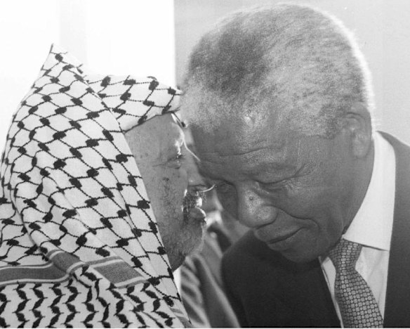 1994 South African President Nelson Mandela  meets Palestine Liberation Organization Chairman Yasser Arafat.
