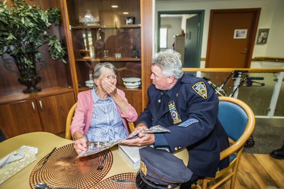 Uniting Care Mirinjani retirement village has granted a lifelong wish for resident Berenice Benson to meet a real New York city cop (something she mentions every tine she gets into the facility lift featuring a poster of the New York skyline). NYPD Detective Howard Shank was glad to accommodate. 