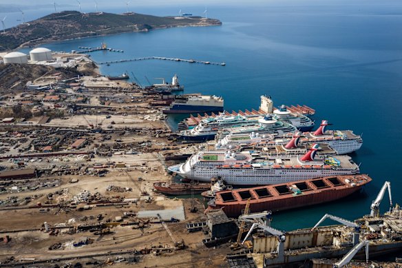 Five cruise ships are seen being broken down for scrap metal at the Aliaga ship recycling port in Izmir, Turkey. With the global coronavirus pandemic pushing the multi-billion dollar cruise industry into crisis, some cruise operators have been forced to cut losses and retire ships earlier than planned. The crisis however has bolstered the years intake of ships at the Aliaga ship recycling port with business up thirty percent on the previous year.  