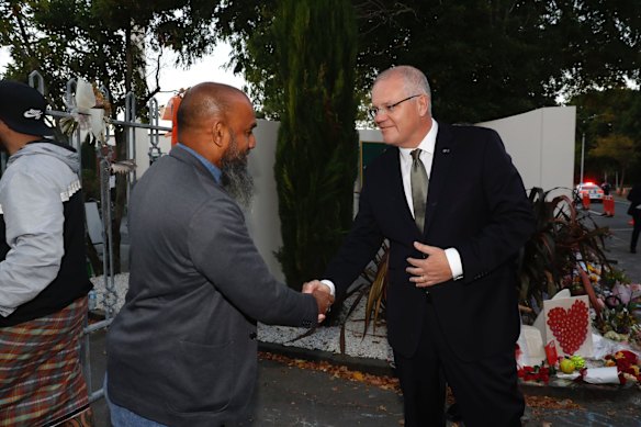 Australian Prime Minister Scott Morrison meets mosque member Naseem outside the Al-Noor Mosque in Christchurch.