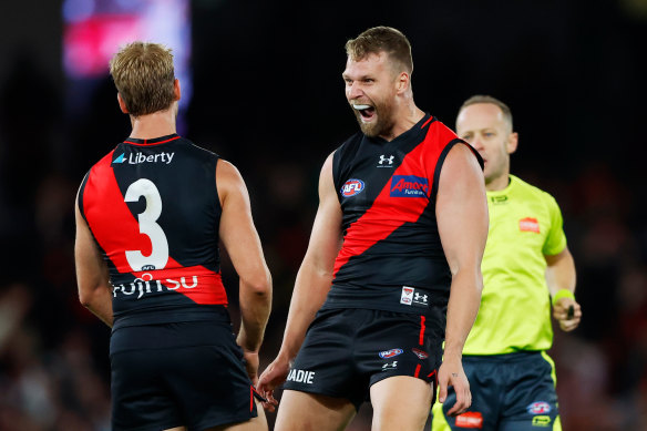 Back in business: Jake Stringer celebrates kicking a goal against the Giants.