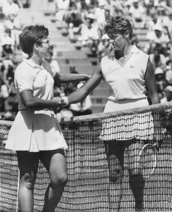 Australian Tennis Championships at Kooyong, Victoria, 1968
Mrs Billy Jean King, left, is congratulated by Mrs Margaret Court, right, on her win in the women's singles final.