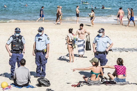 NSW Police patrol Bondi Beach keeping the COVID-19 restrictions in place.