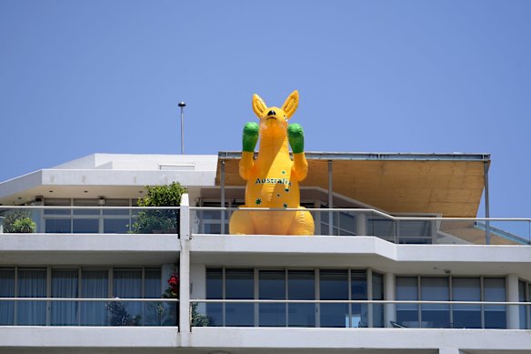 An inflatable boxing kangaroo is seen atop an apartment building in Milsons Point during Australia Day celebrations in Sydney.