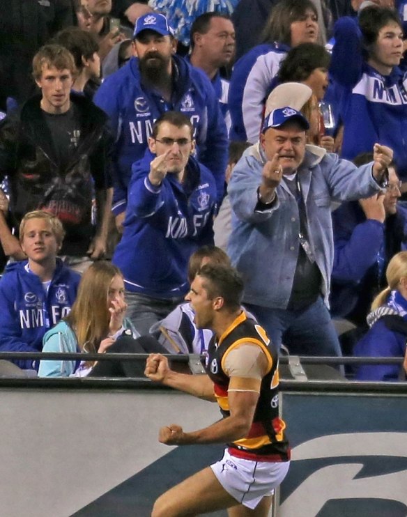 Adelaide's Jared Petrenko celebrates after kicking the winning goal against the Kangaroos in 2013.